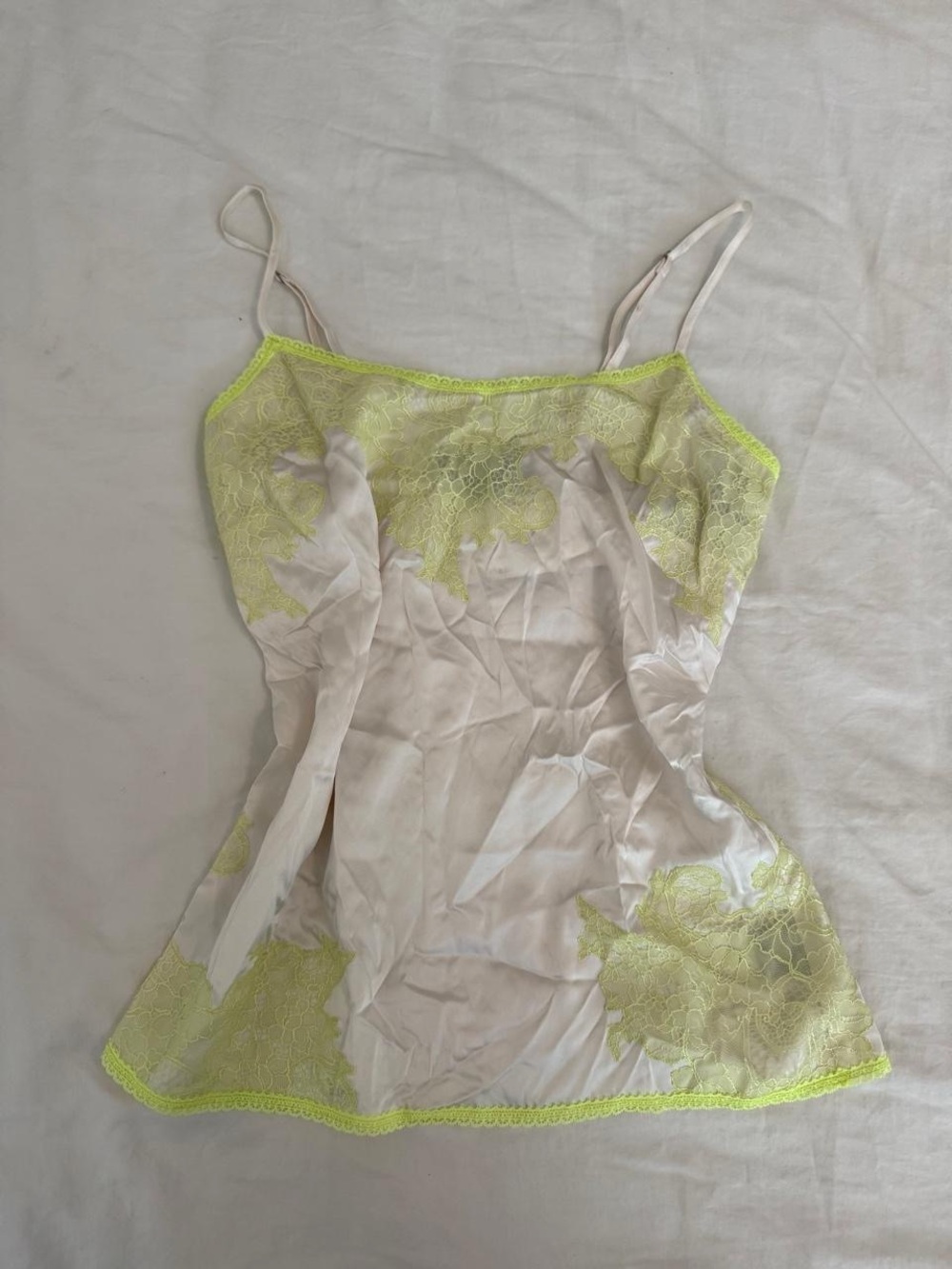 Hale Bob Cream Satin Camisole with Neon Yellow Lace Trim